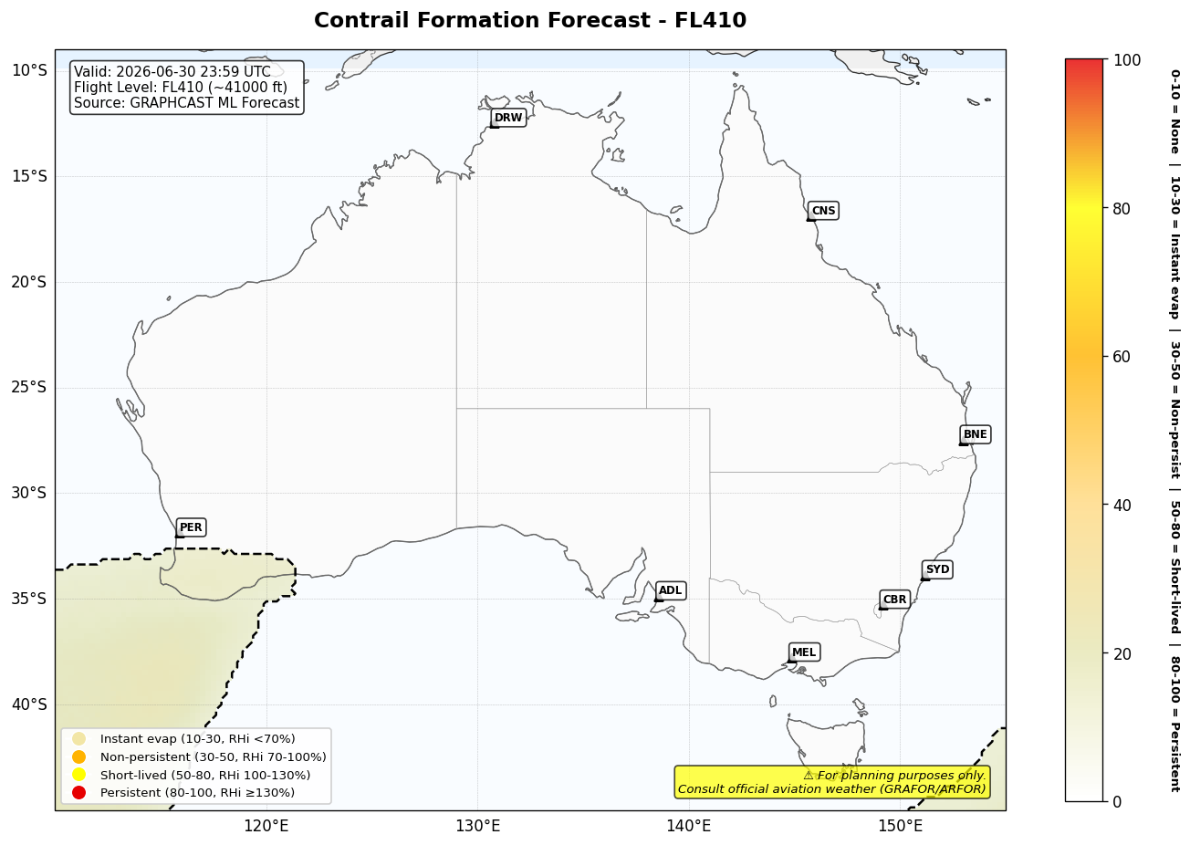 Contrail forecast for FL410 at 2026-06-30 23:59 UTC