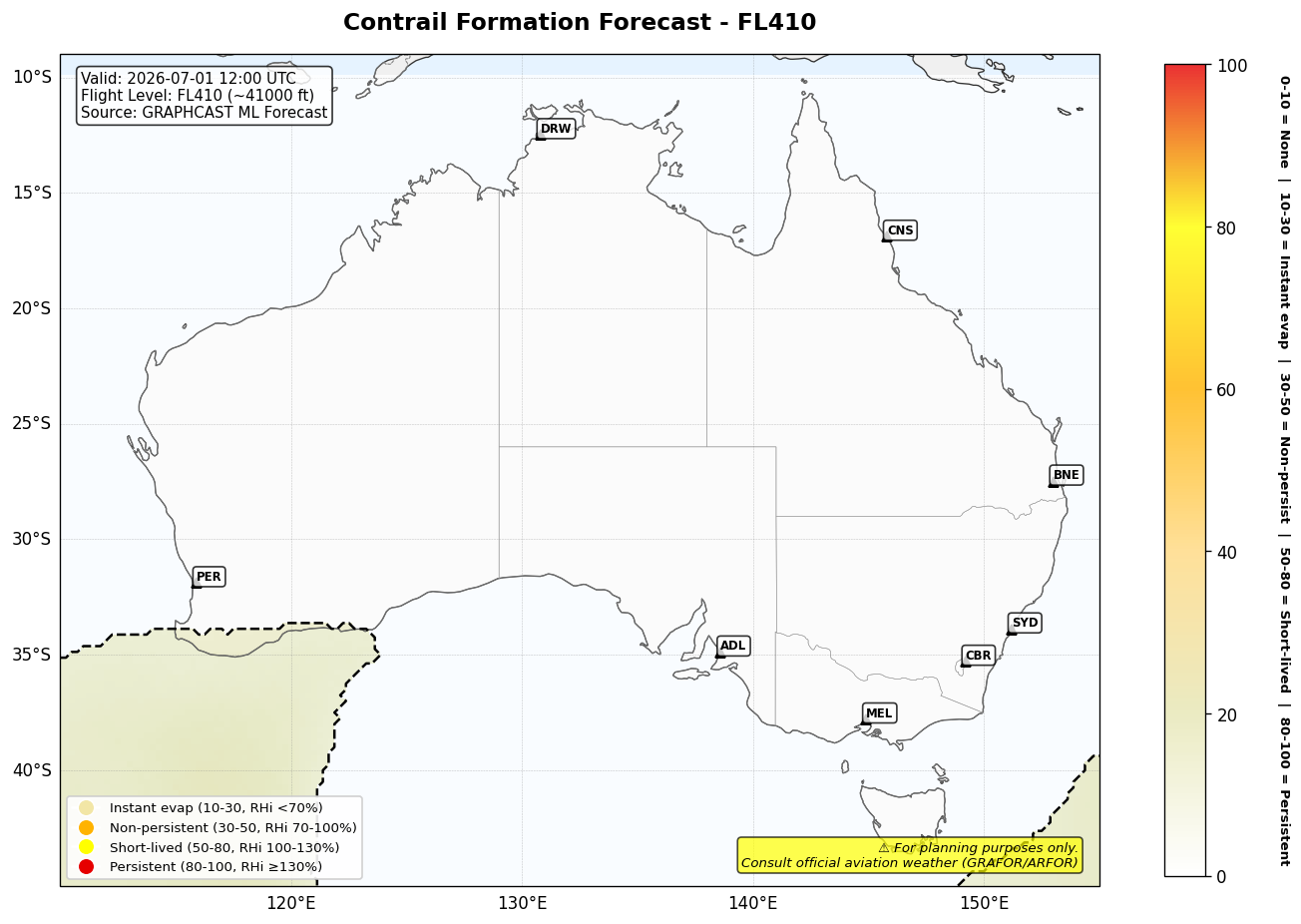 Contrail forecast for FL410 at 2026-07-01 12:00 UTC