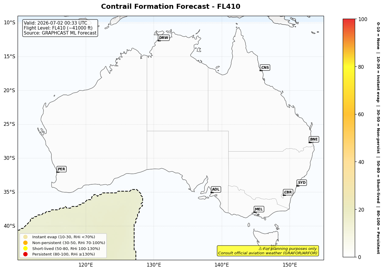 Contrail forecast for FL410 at 2026-07-02 00:33 UTC