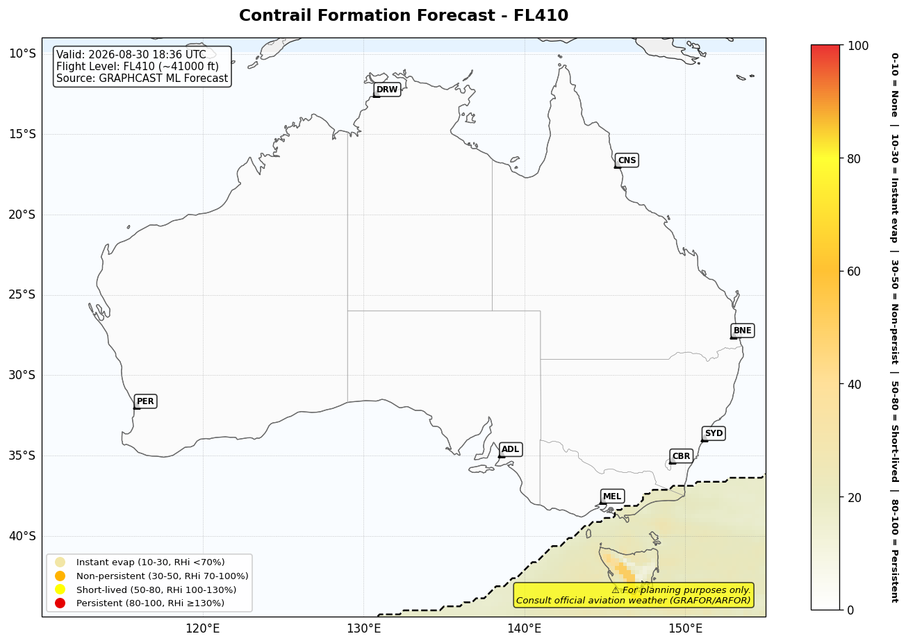 Contrail forecast for FL410 at 2026-08-30 18:36 UTC