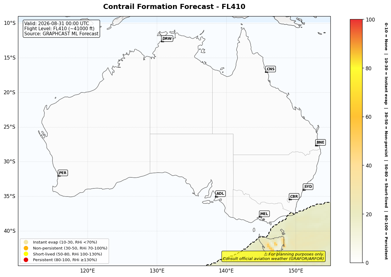 Contrail forecast for FL410 at 2026-08-31 00:00 UTC