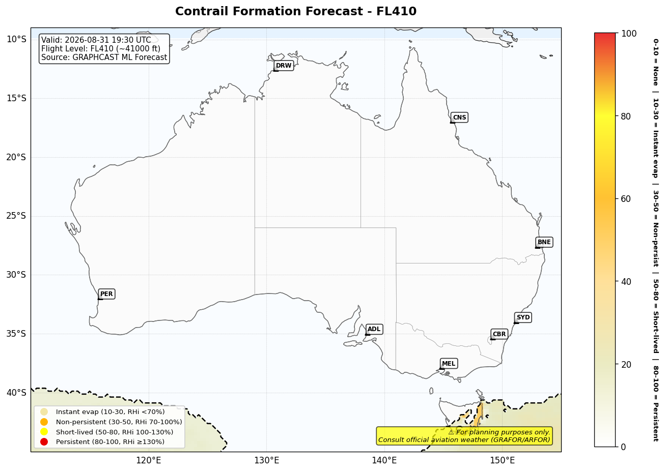 Contrail forecast for FL410 at 2026-08-31 19:30 UTC