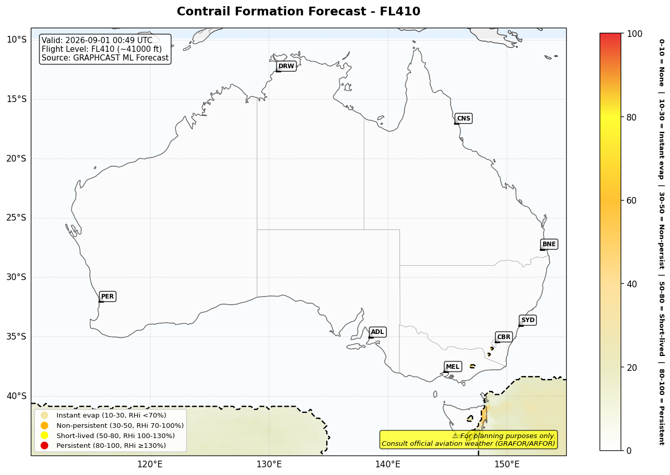 Contrail forecast for FL410 at 2026-09-01 00:49 UTC