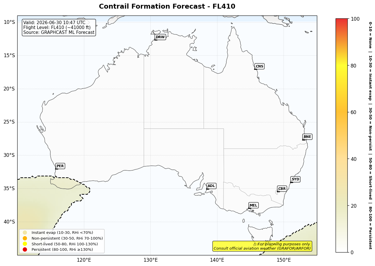 Contrail forecast for FL410 at 2026-06-30 10:47 UTC
