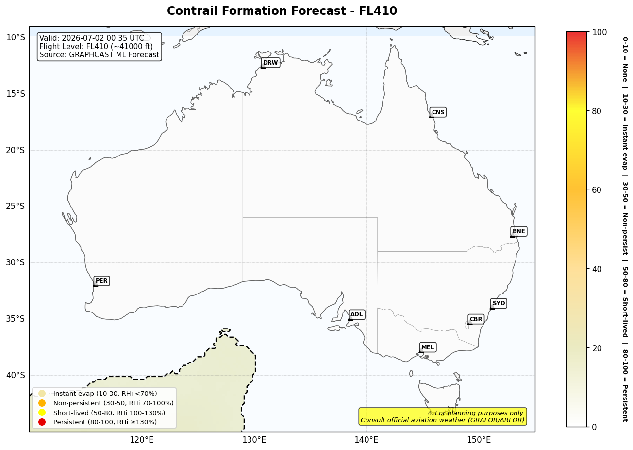 Contrail forecast for FL410 at 2026-07-02 00:35 UTC