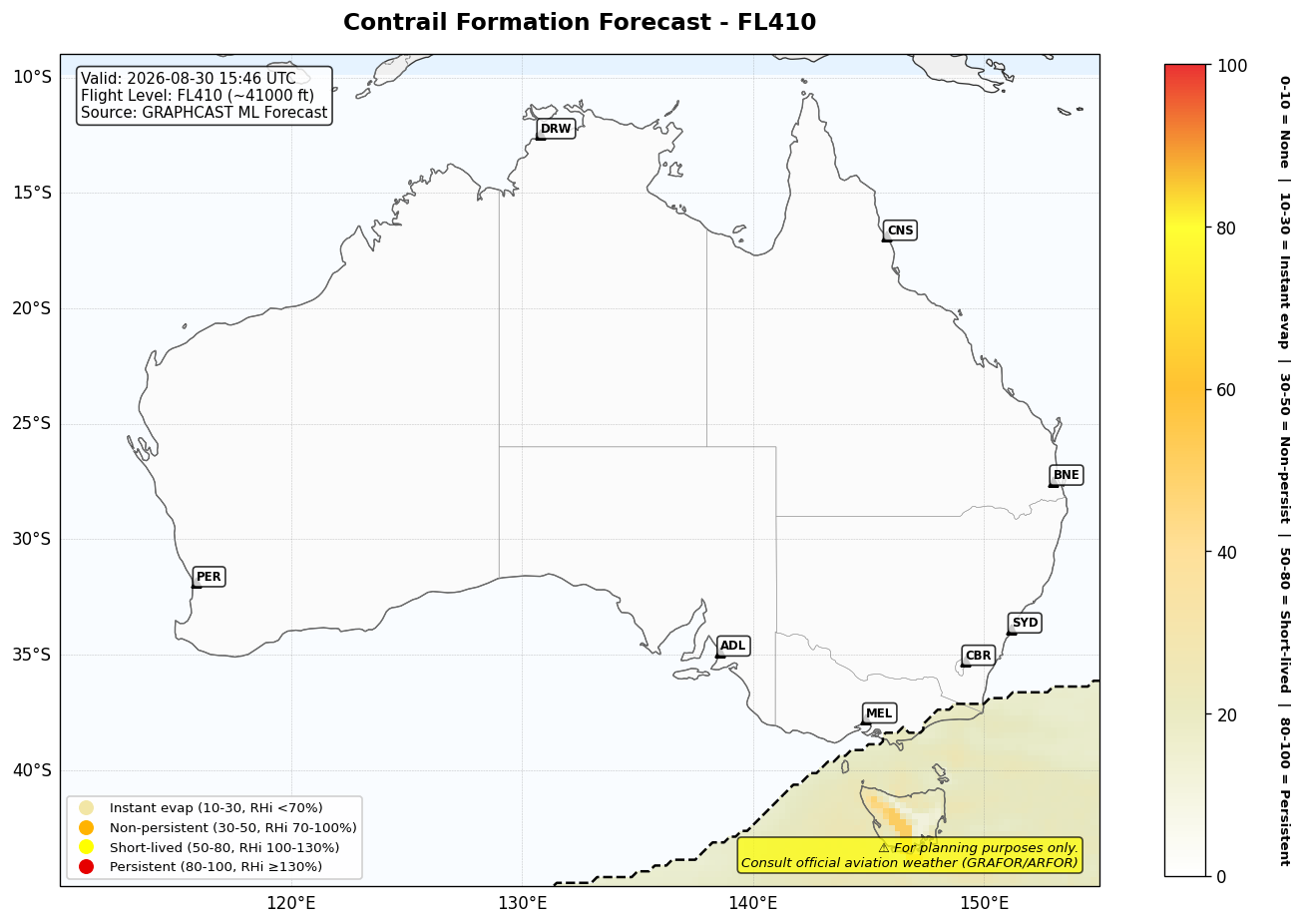 Contrail forecast for FL410 at 2026-08-30 15:46 UTC