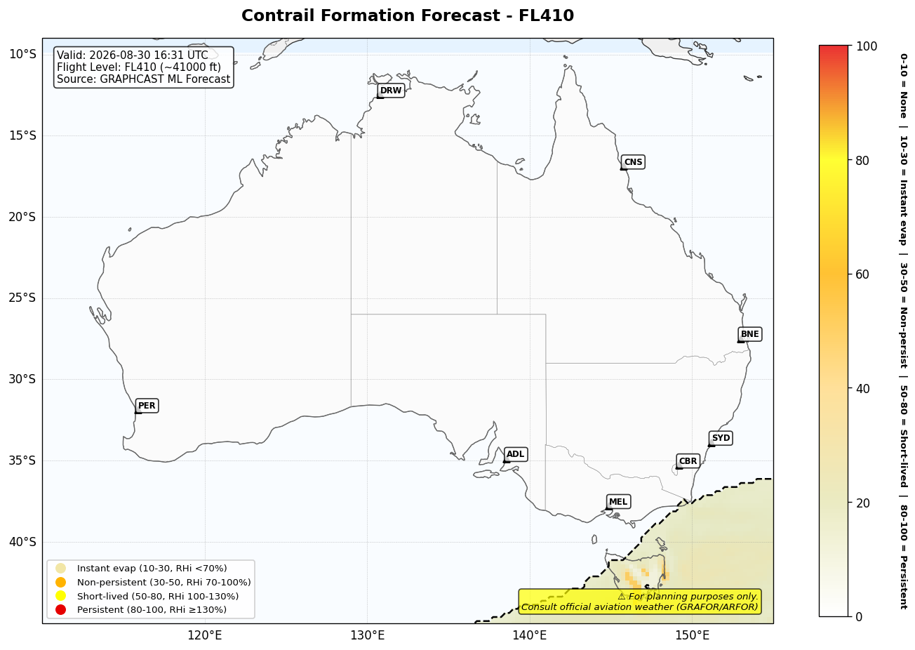 Contrail forecast for FL410 at 2026-08-30 16:31 UTC