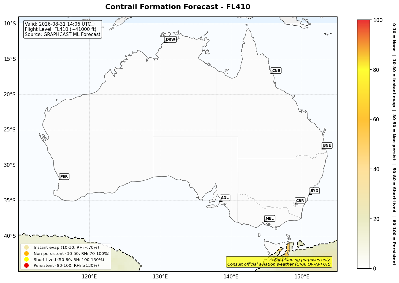 Contrail forecast for FL410 at 2026-08-31 14:06 UTC