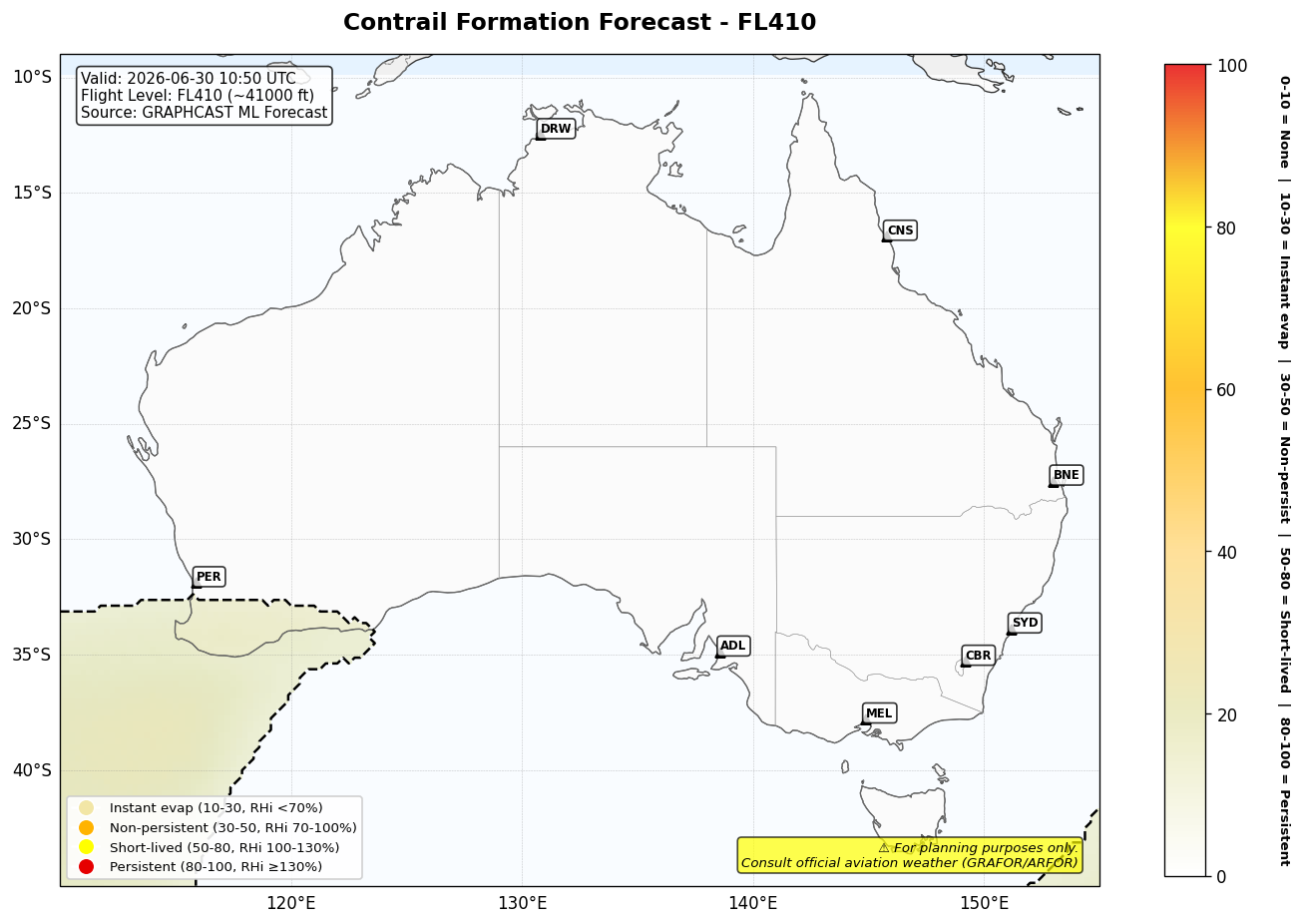 Contrail forecast for FL410 at 2026-06-30 10:50 UTC