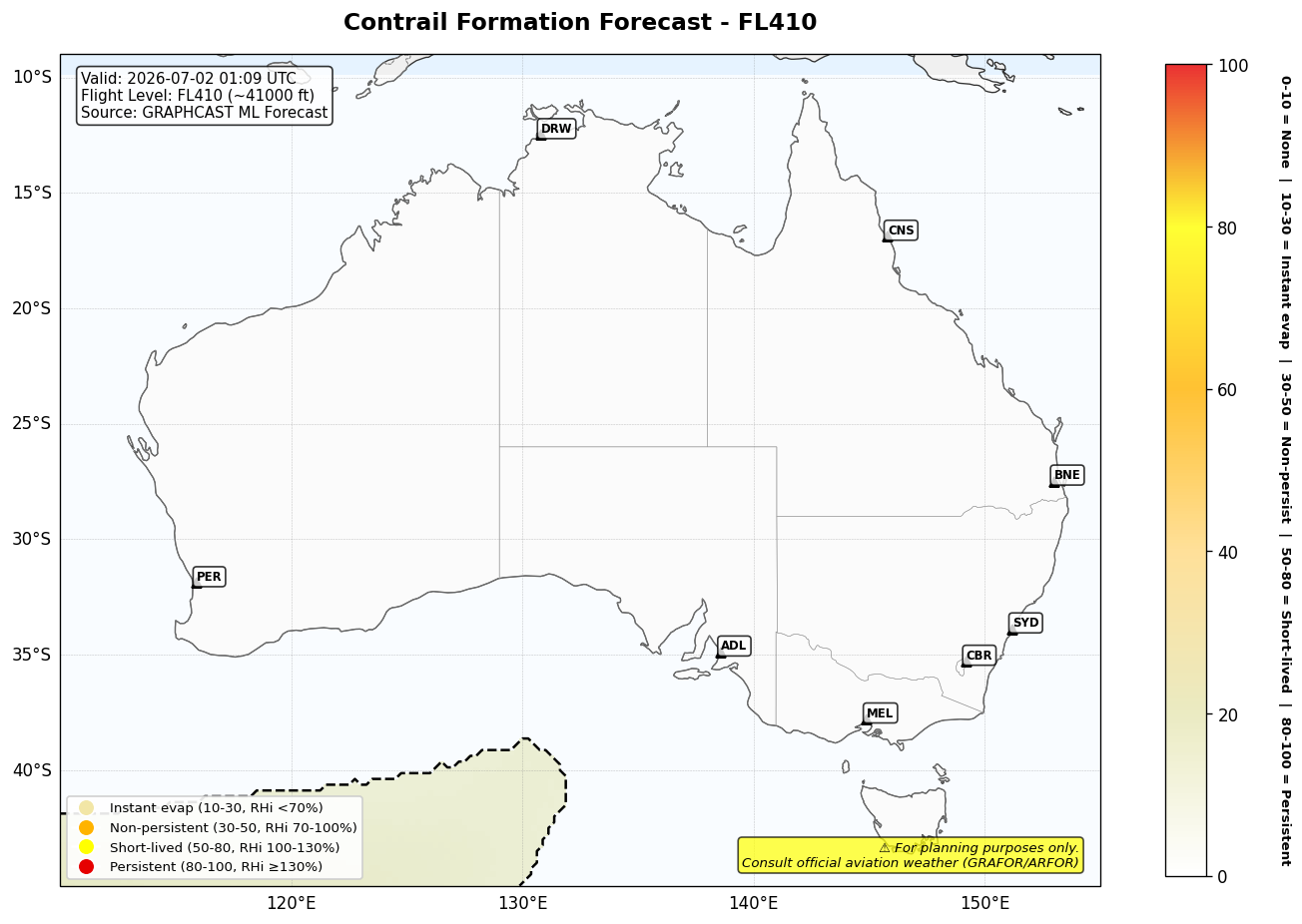 Contrail forecast for FL410 at 2026-07-02 01:09 UTC