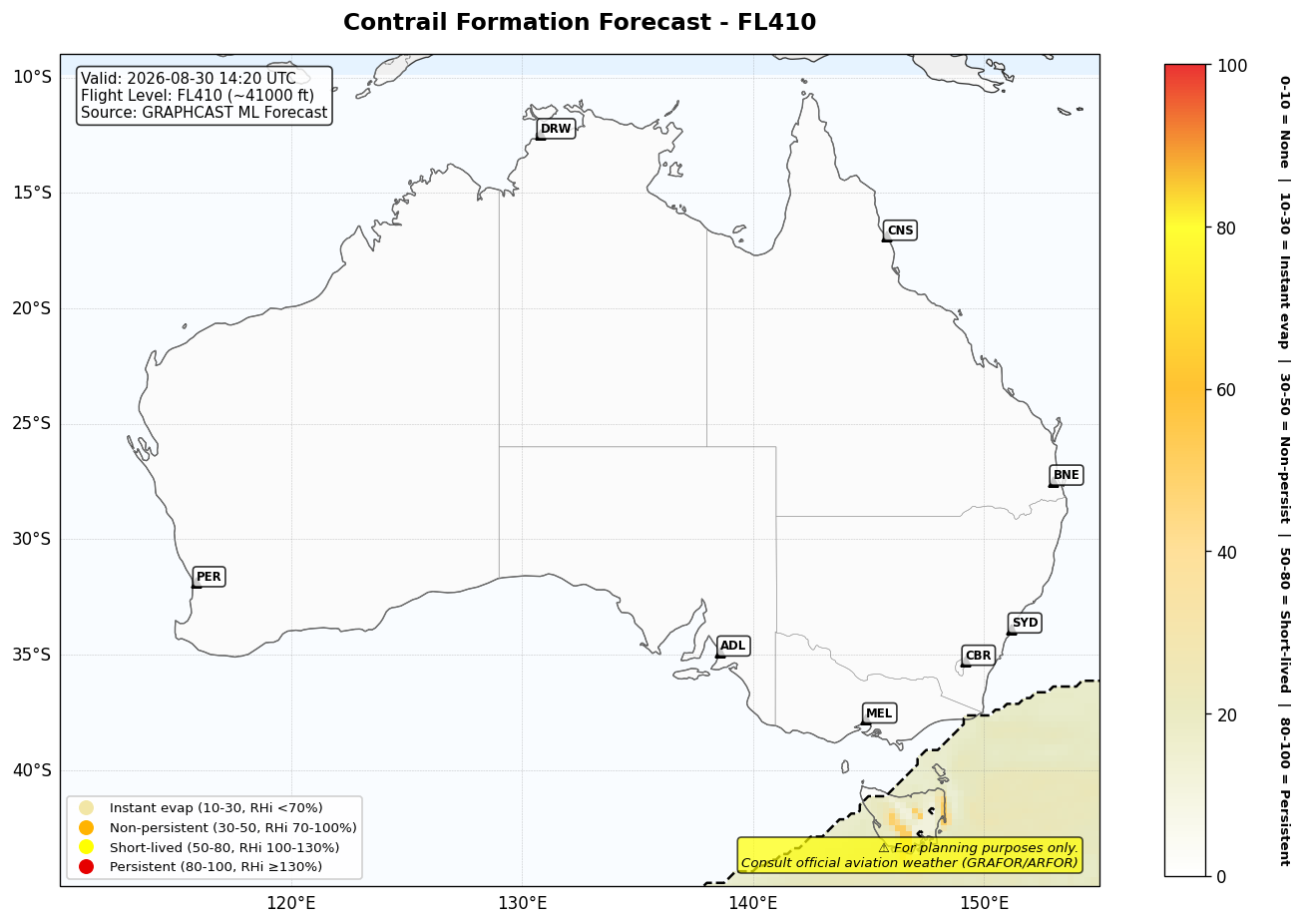 Contrail forecast for FL410 at 2026-08-30 14:20 UTC