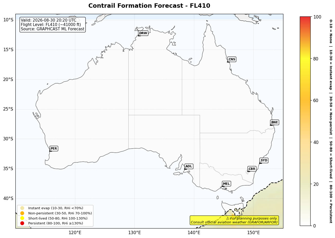 Contrail forecast for FL410 at 2026-08-30 20:20 UTC
