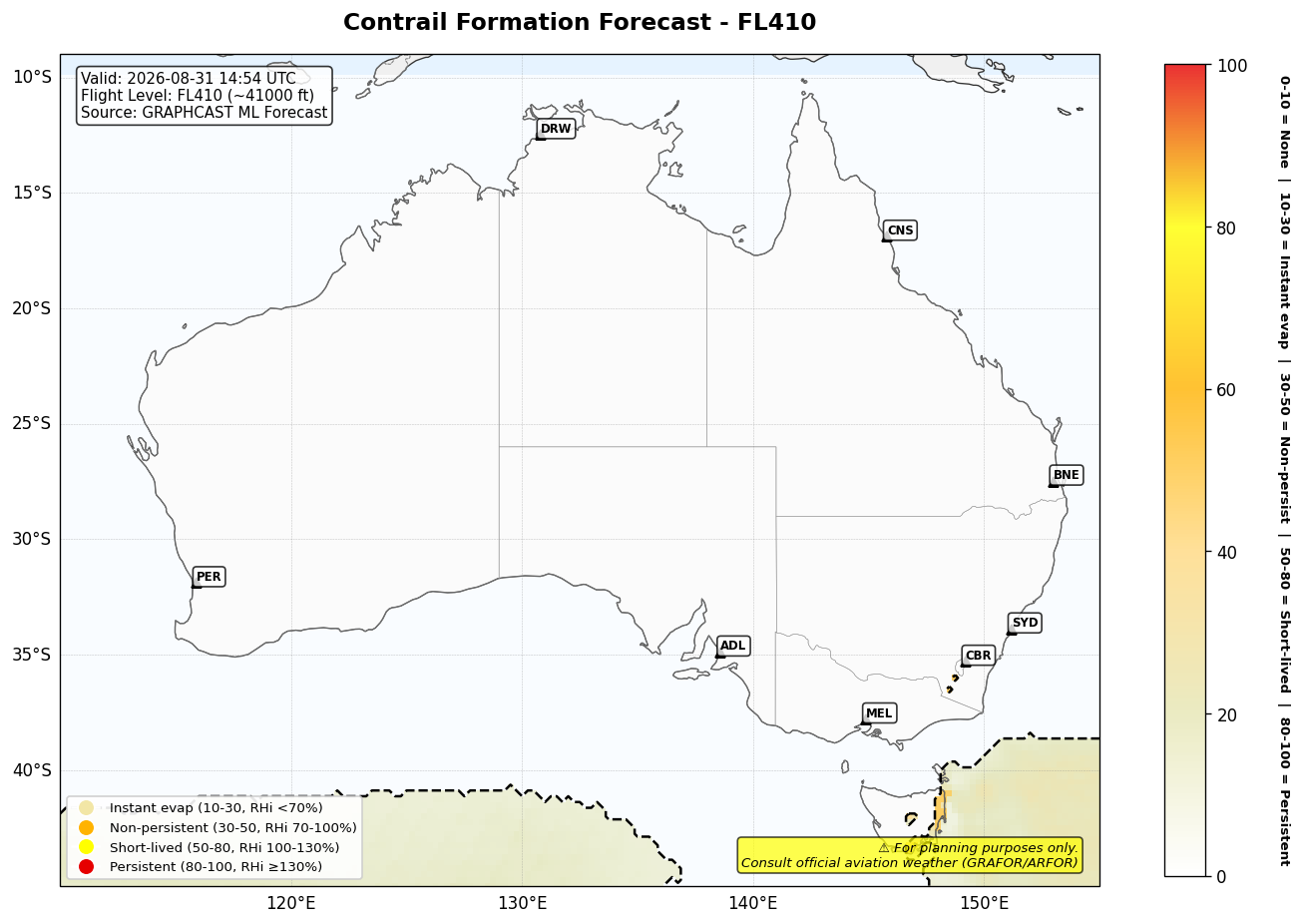 Contrail forecast for FL410 at 2026-08-31 14:54 UTC