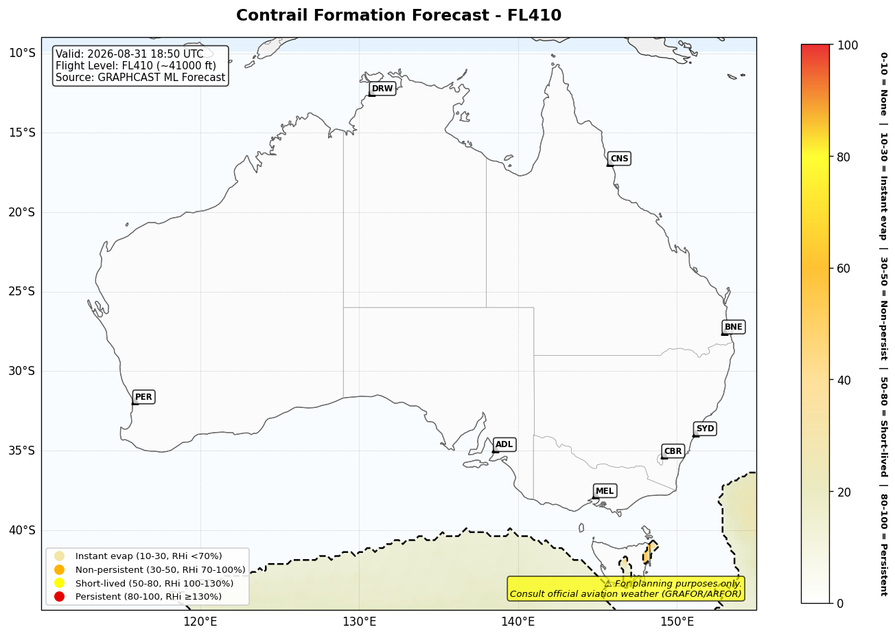 Contrail forecast for FL410 at 2026-08-31 18:50 UTC