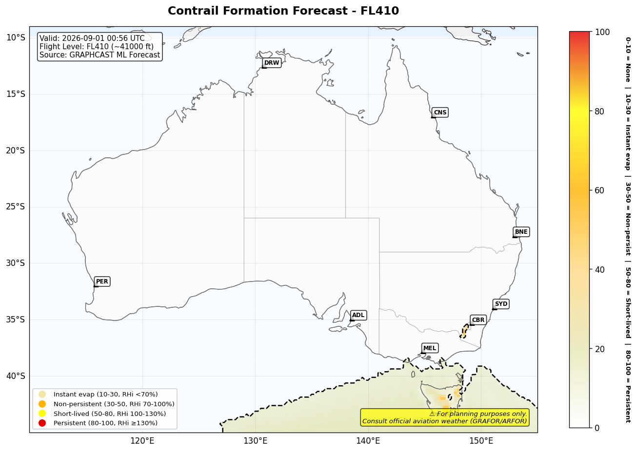 Contrail forecast for FL410 at 2026-09-01 00:56 UTC