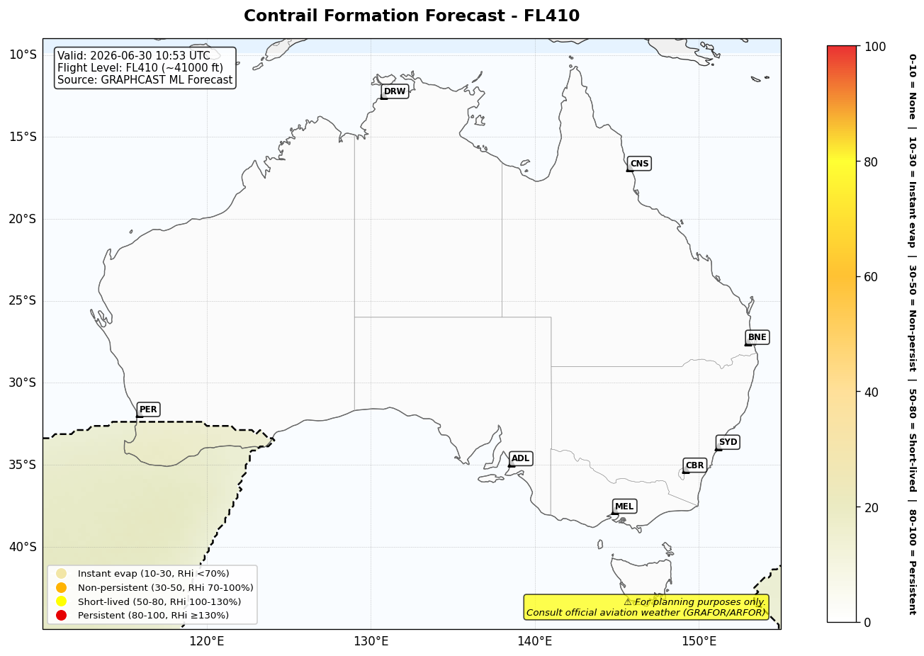 Contrail forecast for FL410 at 2026-06-30 10:53 UTC