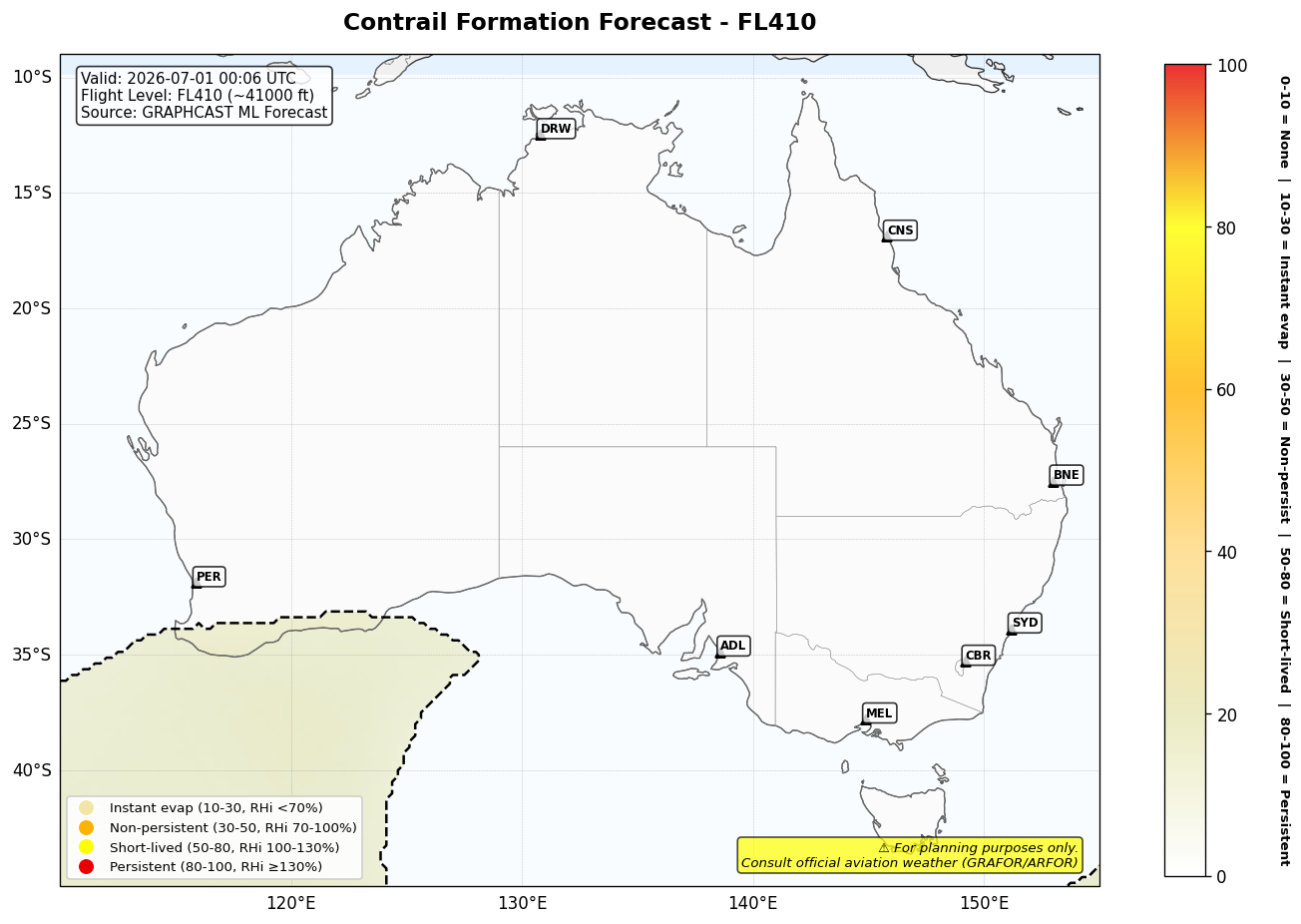 Contrail forecast for FL410 at 2026-07-01 00:06 UTC