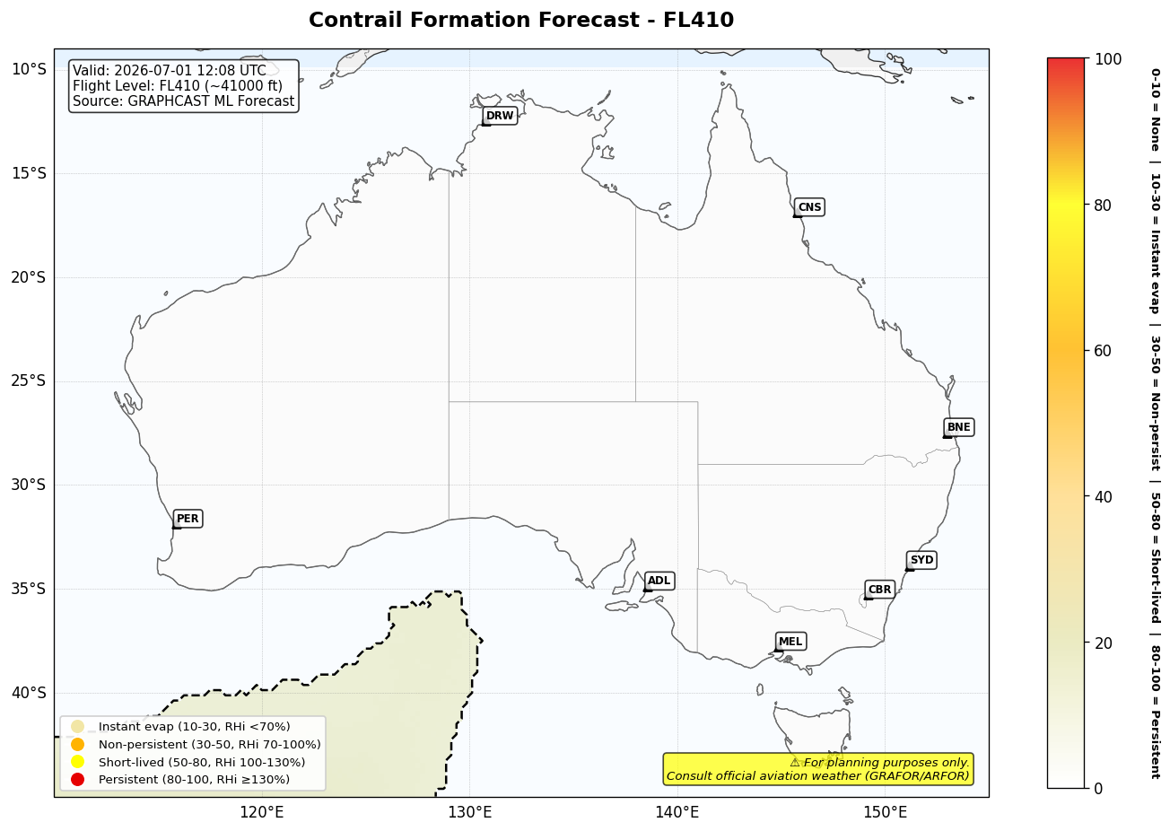 Contrail forecast for FL410 at 2026-07-01 12:08 UTC
