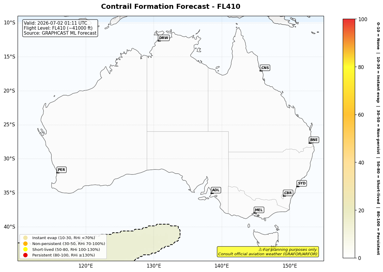 Contrail forecast for FL410 at 2026-07-02 01:11 UTC