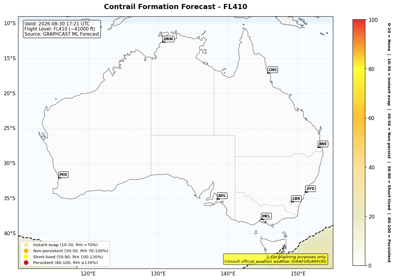 Contrail forecast for FL410 at 2026-08-30 17:21 UTC