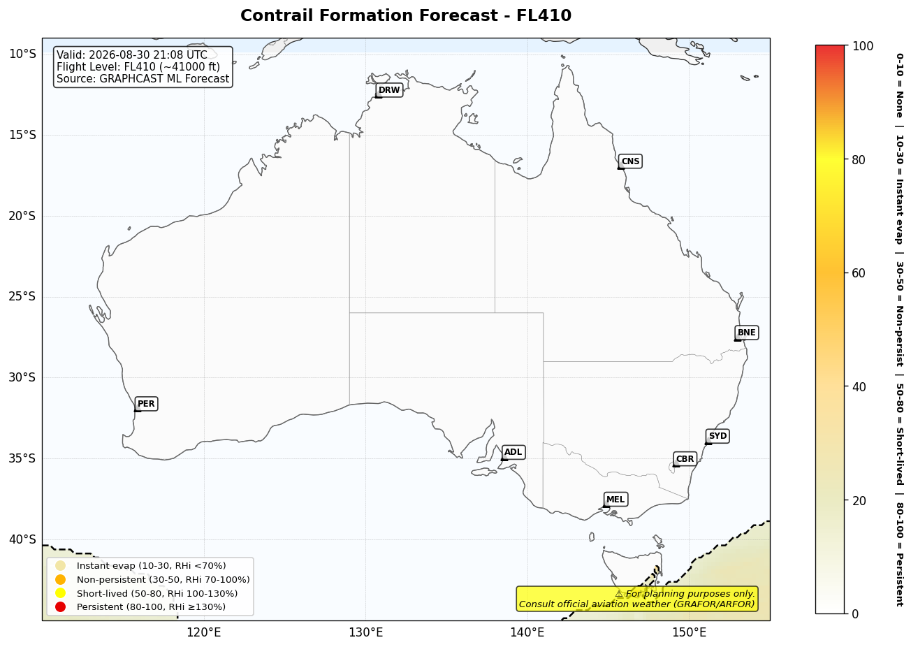 Contrail forecast for FL410 at 2026-08-30 21:08 UTC