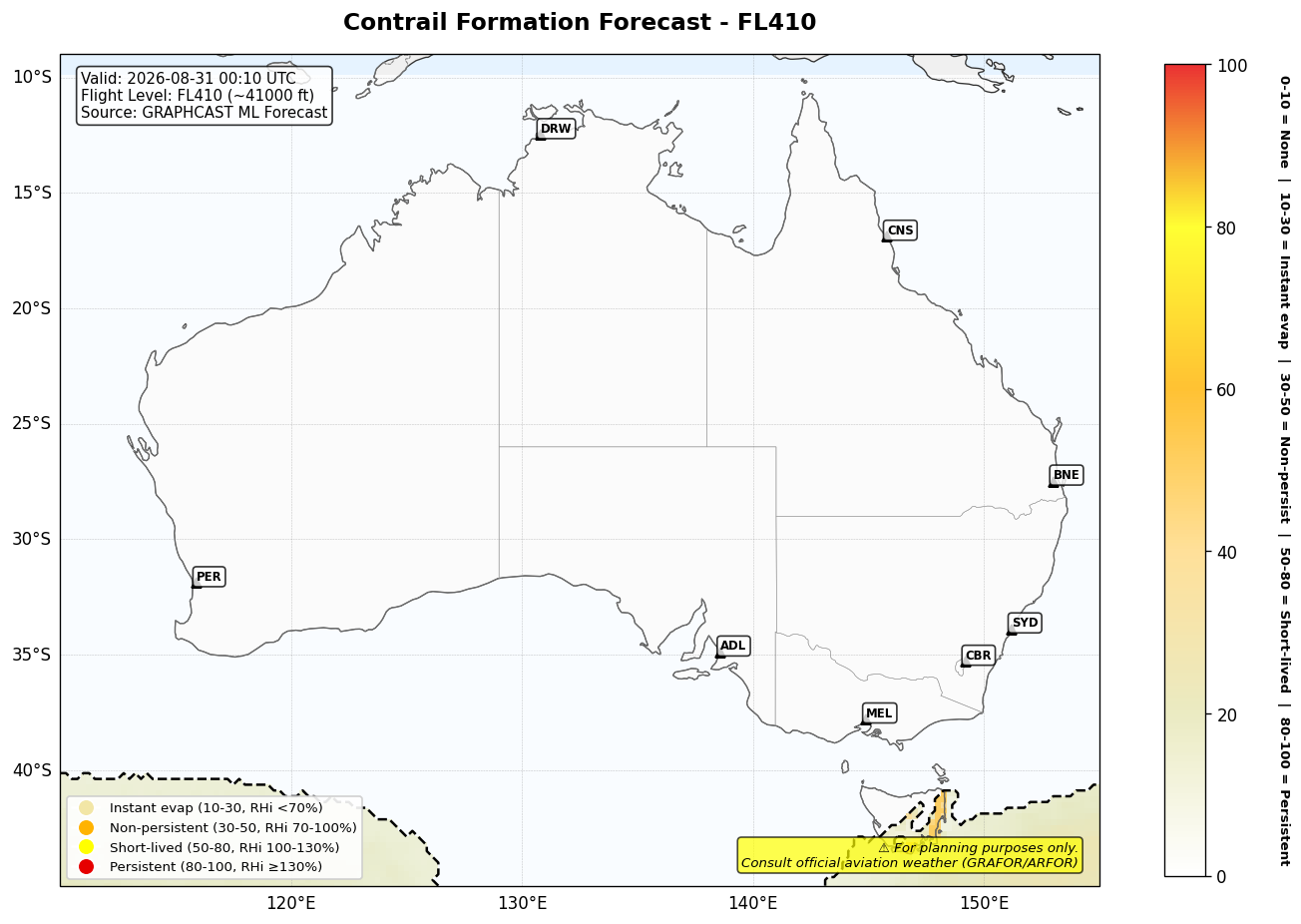 Contrail forecast for FL410 at 2026-08-31 00:10 UTC