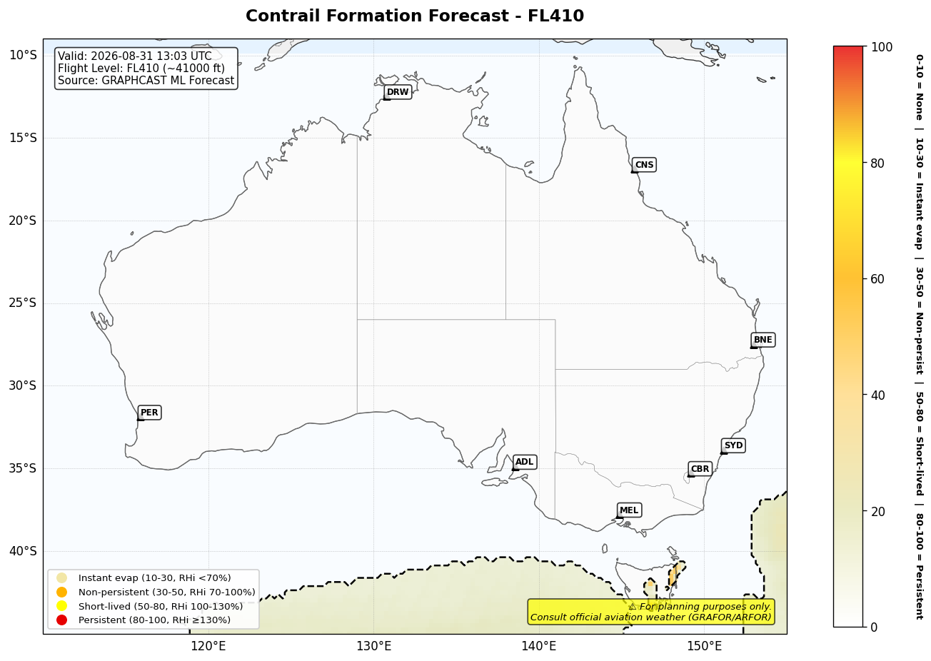 Contrail forecast for FL410 at 2026-08-31 13:03 UTC