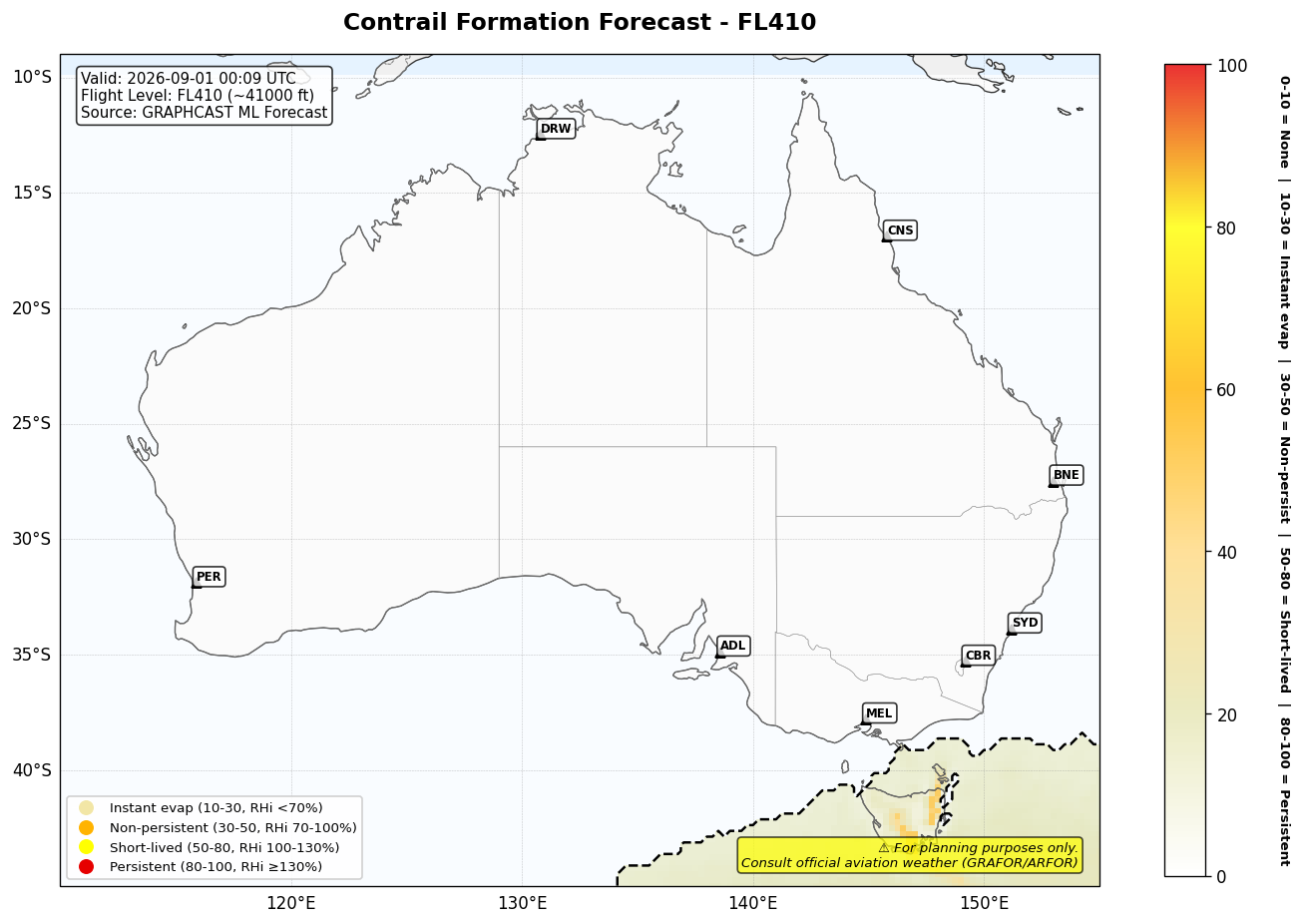 Contrail forecast for FL410 at 2026-09-01 00:09 UTC
