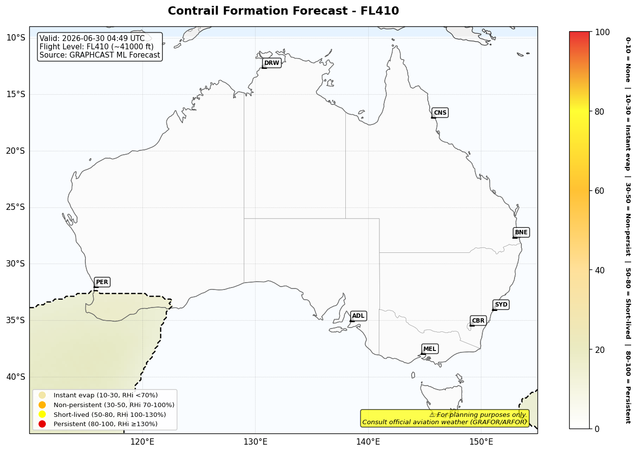 Contrail forecast for FL410 at 2026-06-30 04:49 UTC