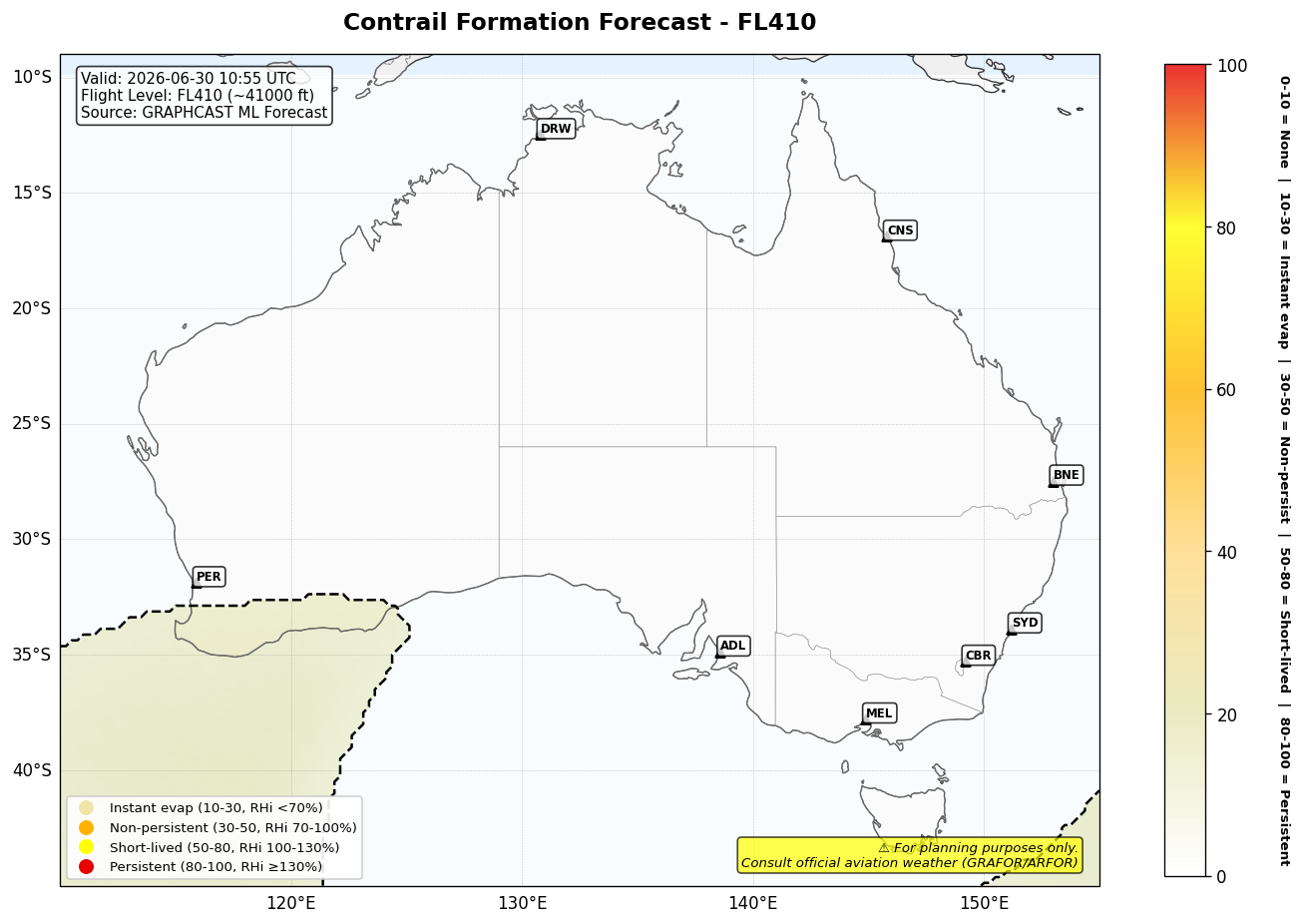 Contrail forecast for FL410 at 2026-06-30 10:55 UTC