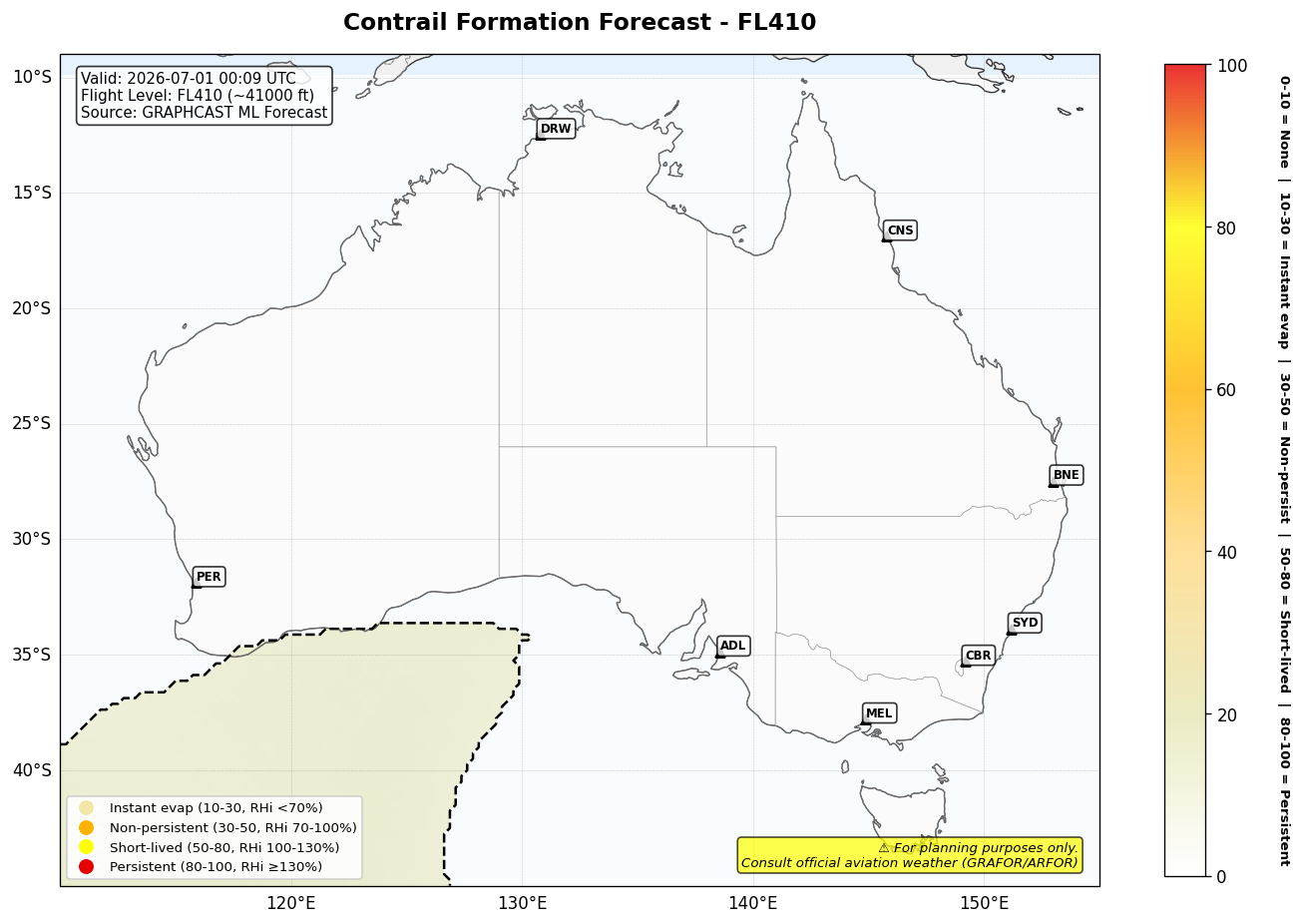 Contrail forecast for FL410 at 2026-07-01 00:09 UTC