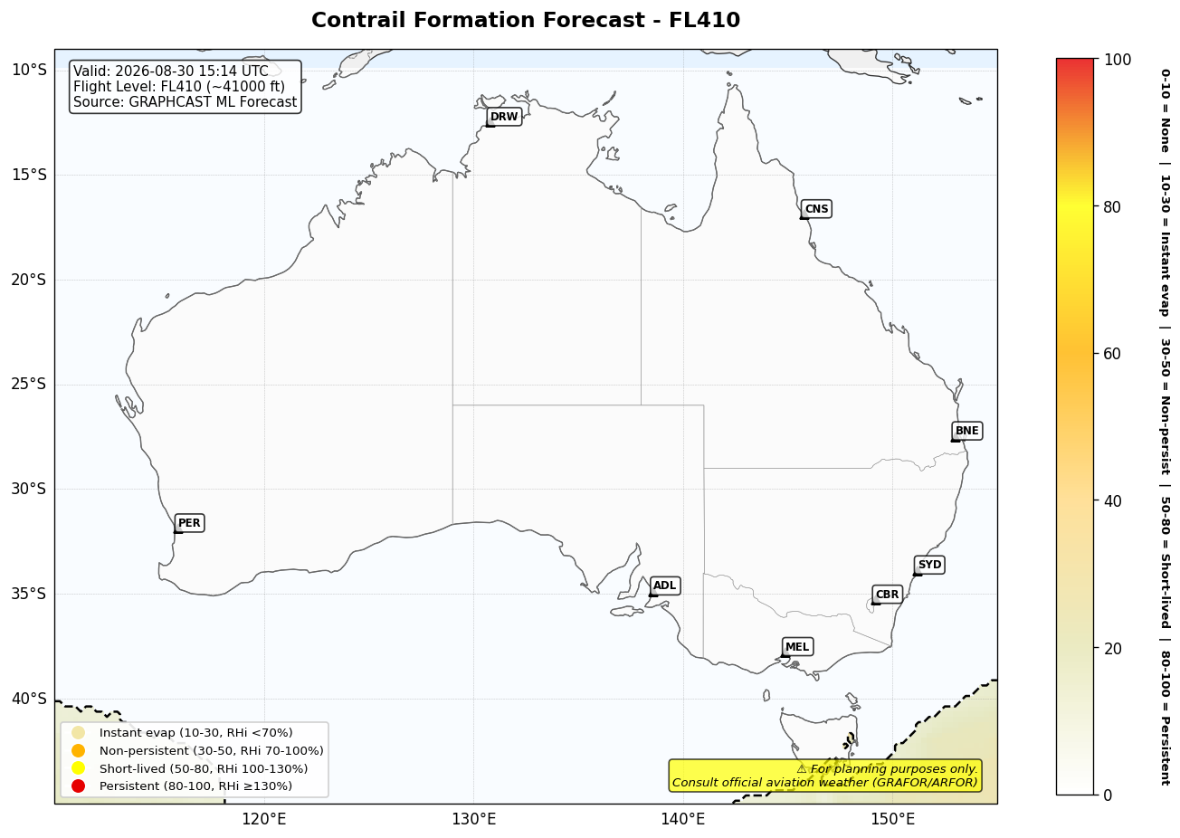 Contrail forecast for FL410 at 2026-08-30 15:14 UTC