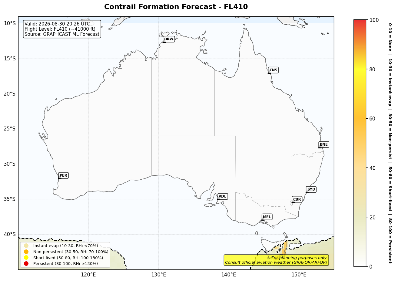 Contrail forecast for FL410 at 2026-08-30 20:26 UTC