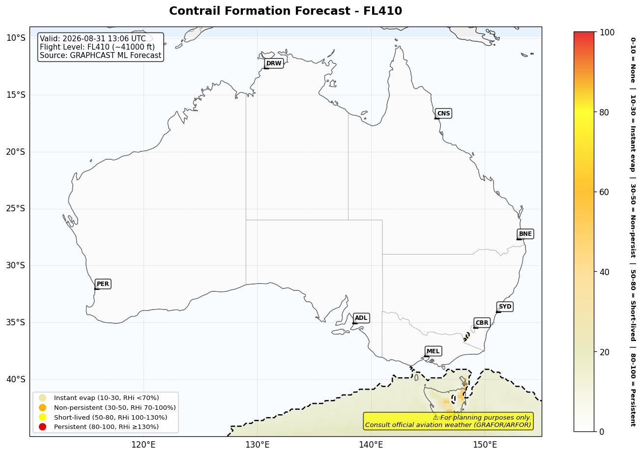 Contrail forecast for FL410 at 2026-08-31 13:06 UTC
