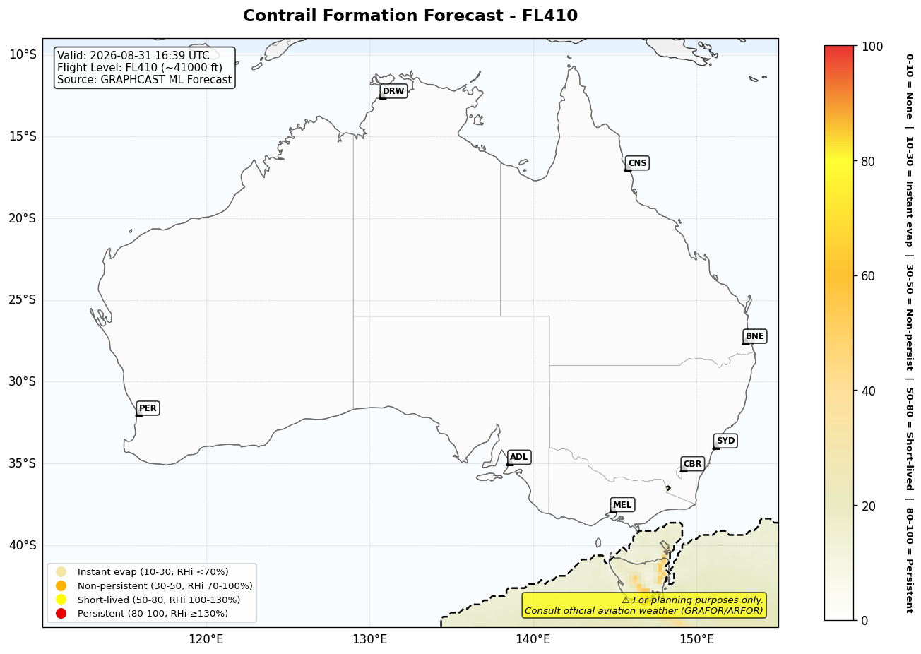 Contrail forecast for FL410 at 2026-08-31 16:39 UTC