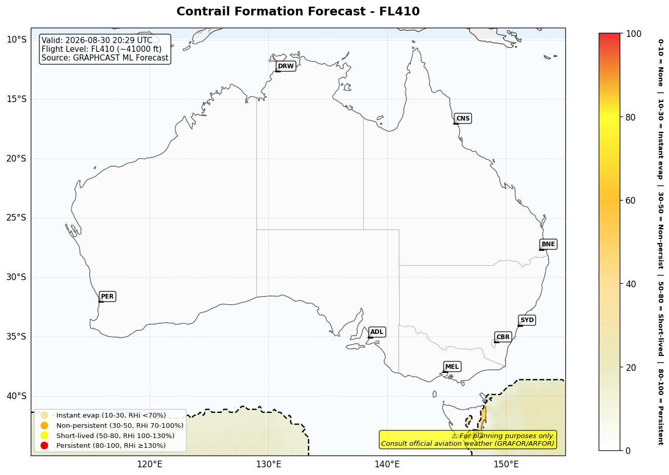 Contrail forecast for FL410 at 2026-08-30 20:29 UTC
