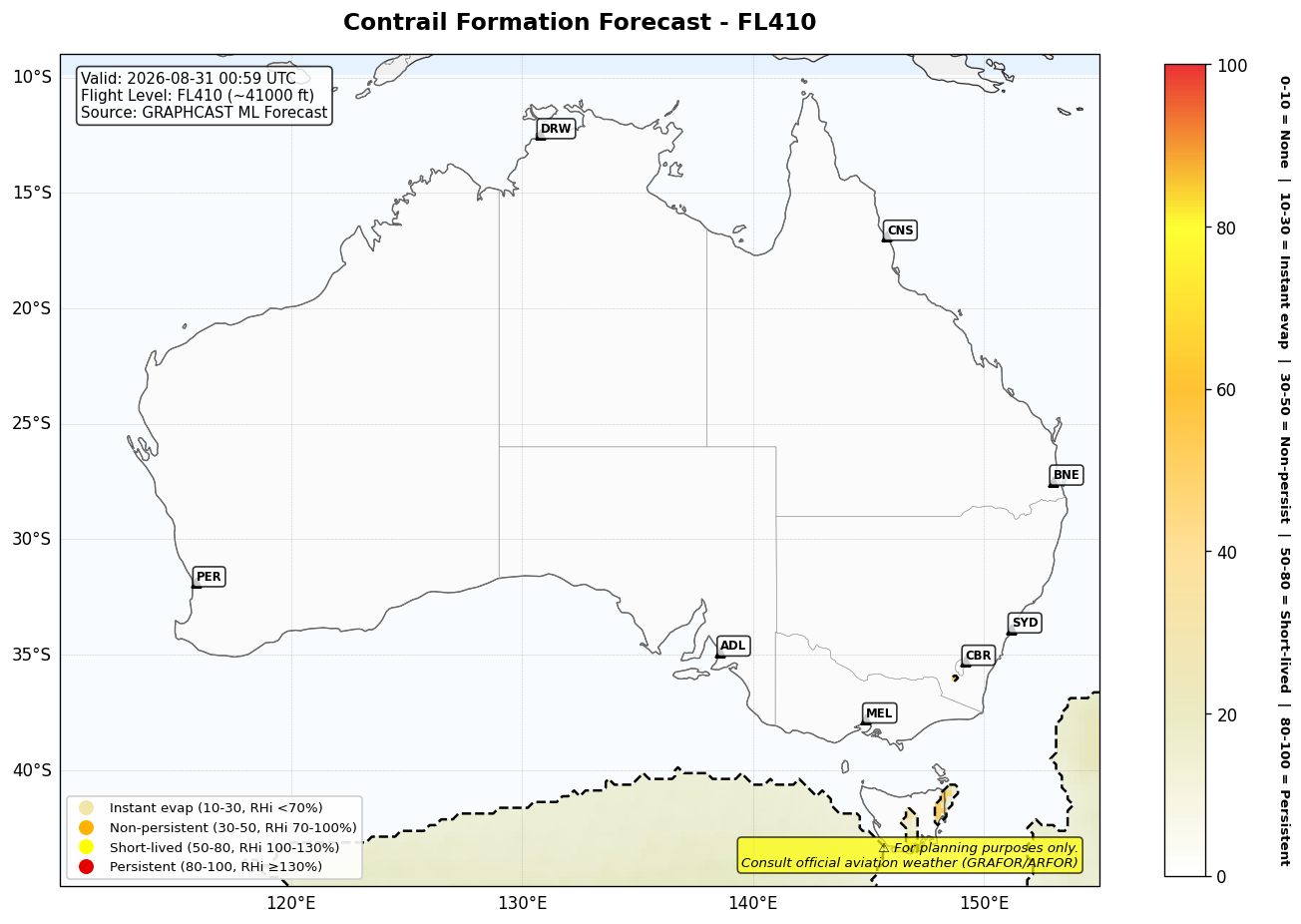 Contrail forecast for FL410 at 2026-08-31 00:59 UTC