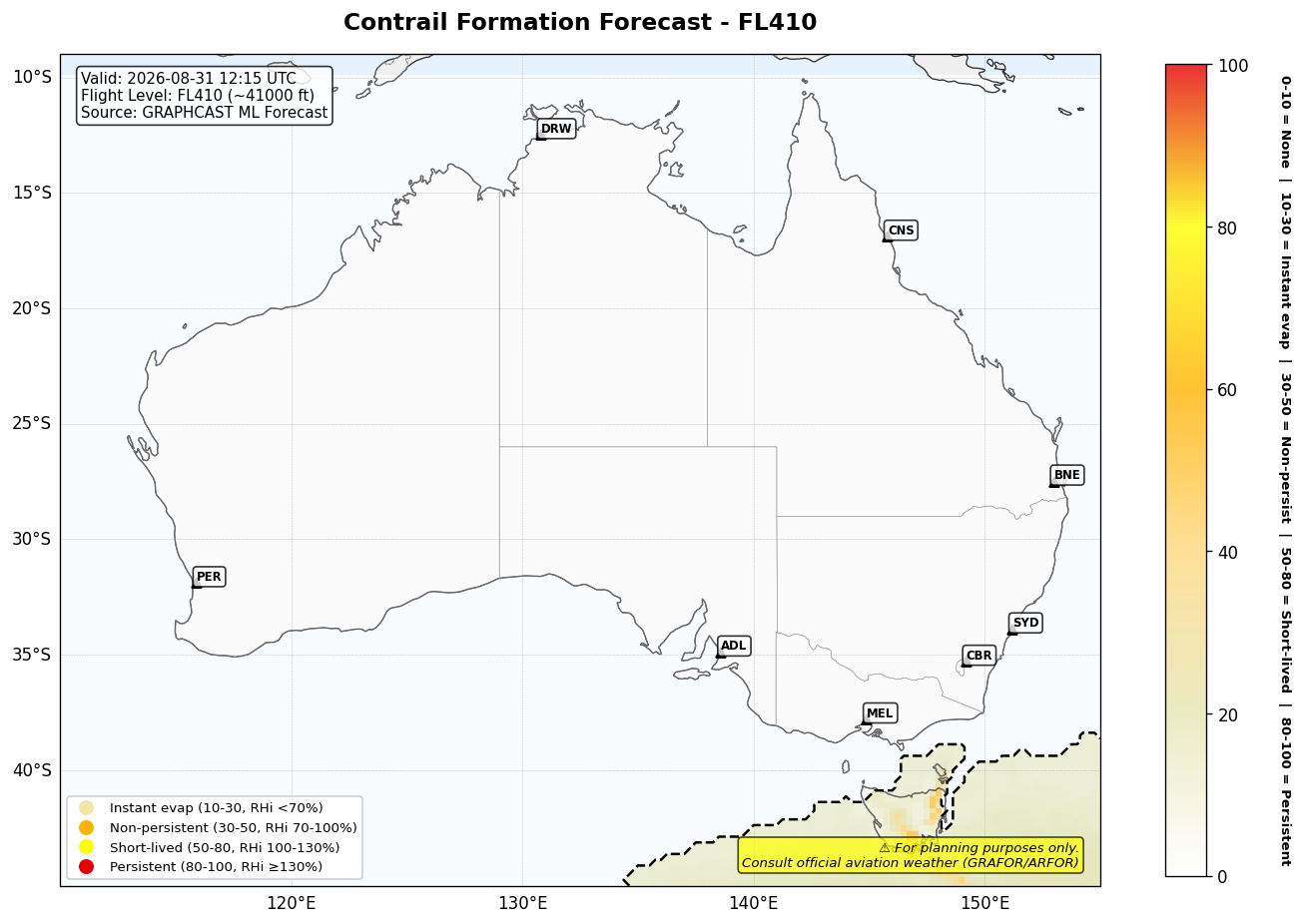 Contrail forecast for FL410 at 2026-08-31 12:15 UTC