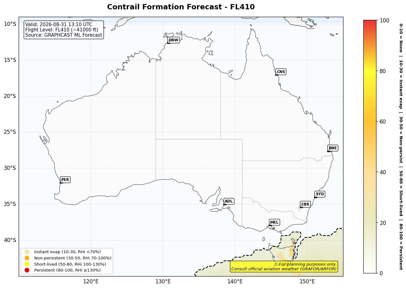 Contrail forecast for FL410 at 2026-08-31 13:10 UTC