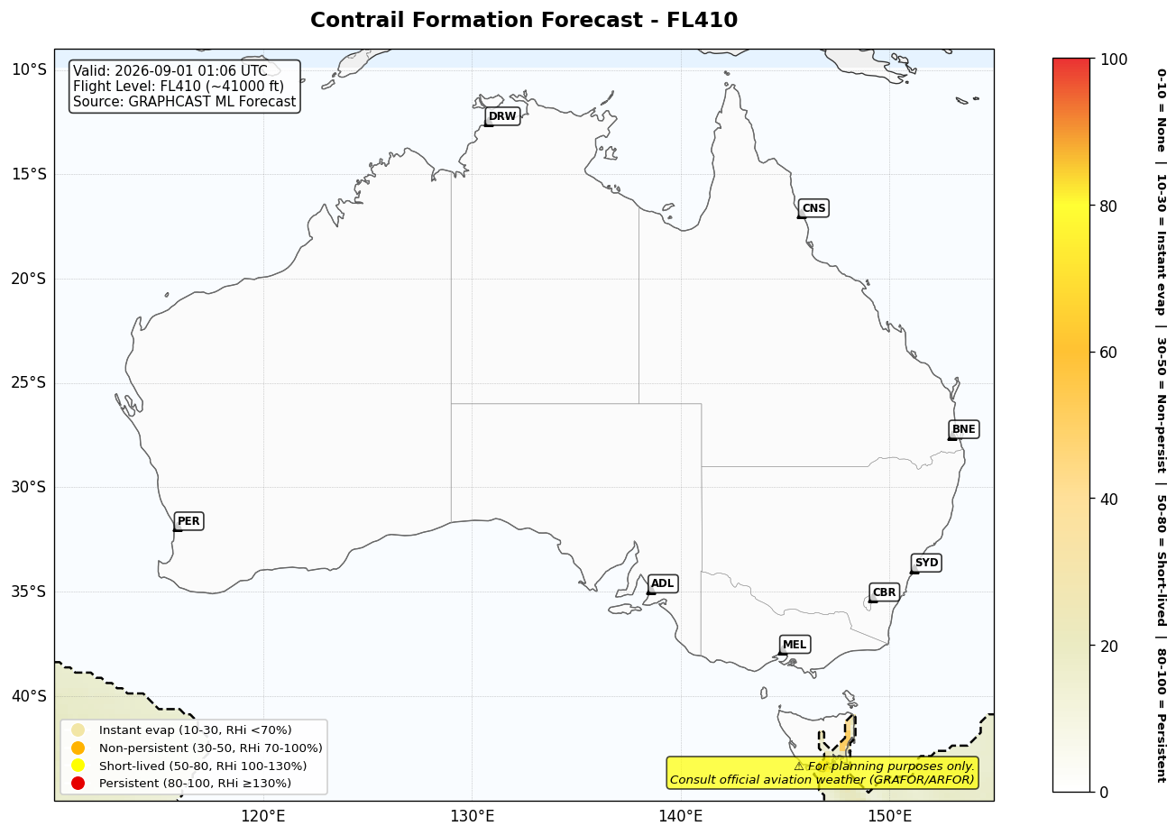 Contrail forecast for FL410 at 2026-09-01 01:06 UTC