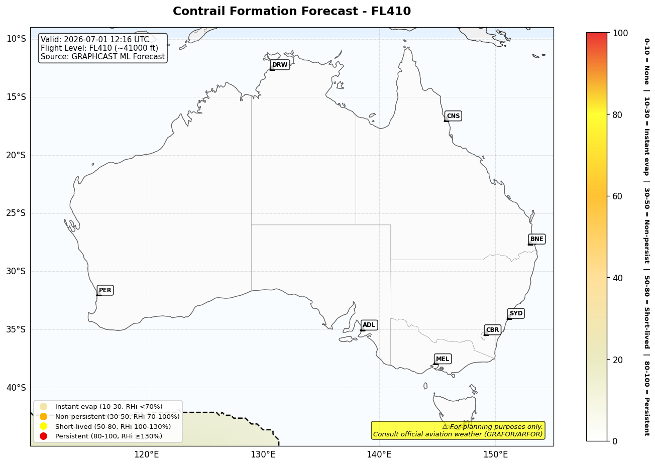 Contrail forecast for FL410 at 2026-07-01 12:16 UTC