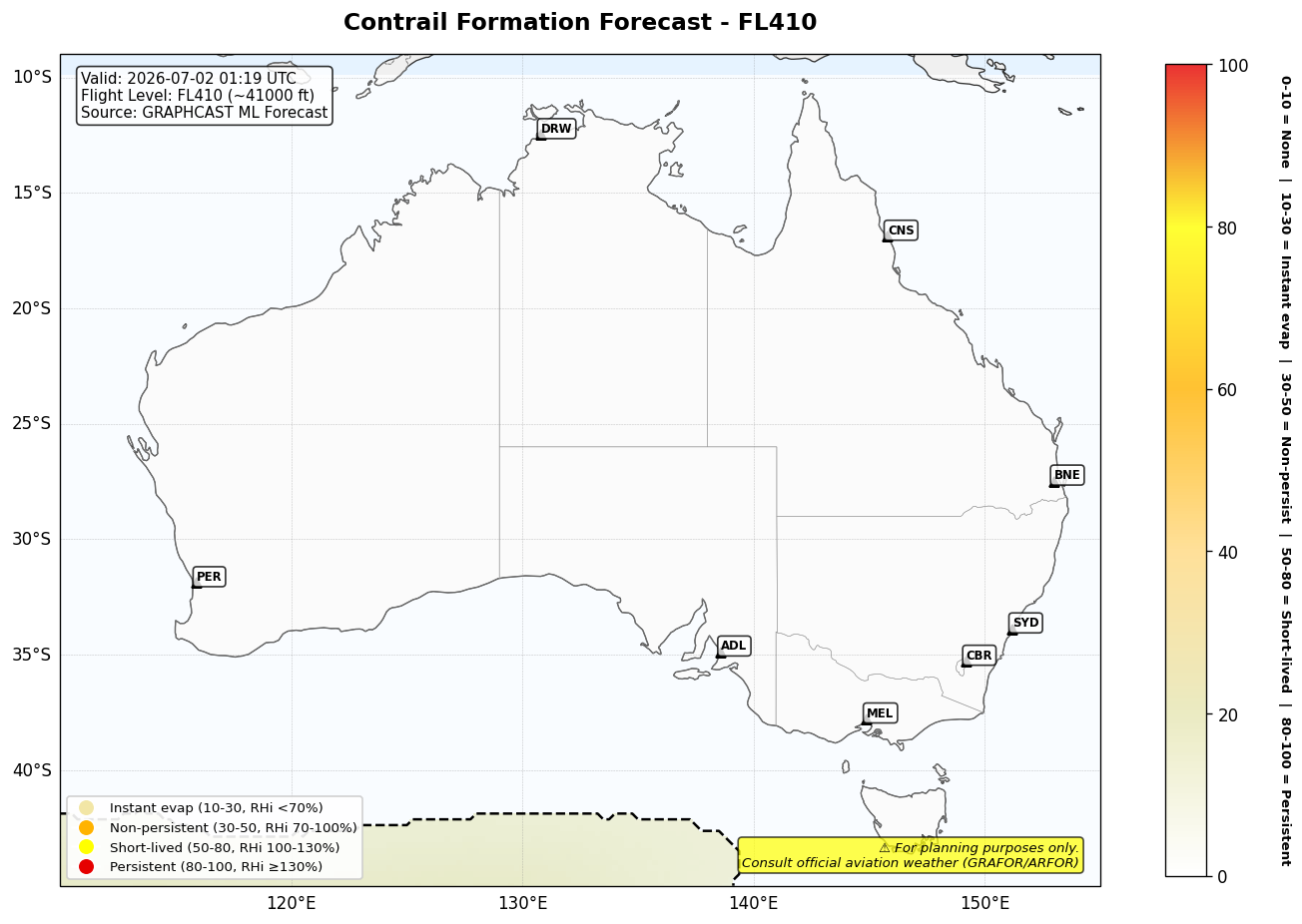 Contrail forecast for FL410 at 2026-07-02 01:19 UTC