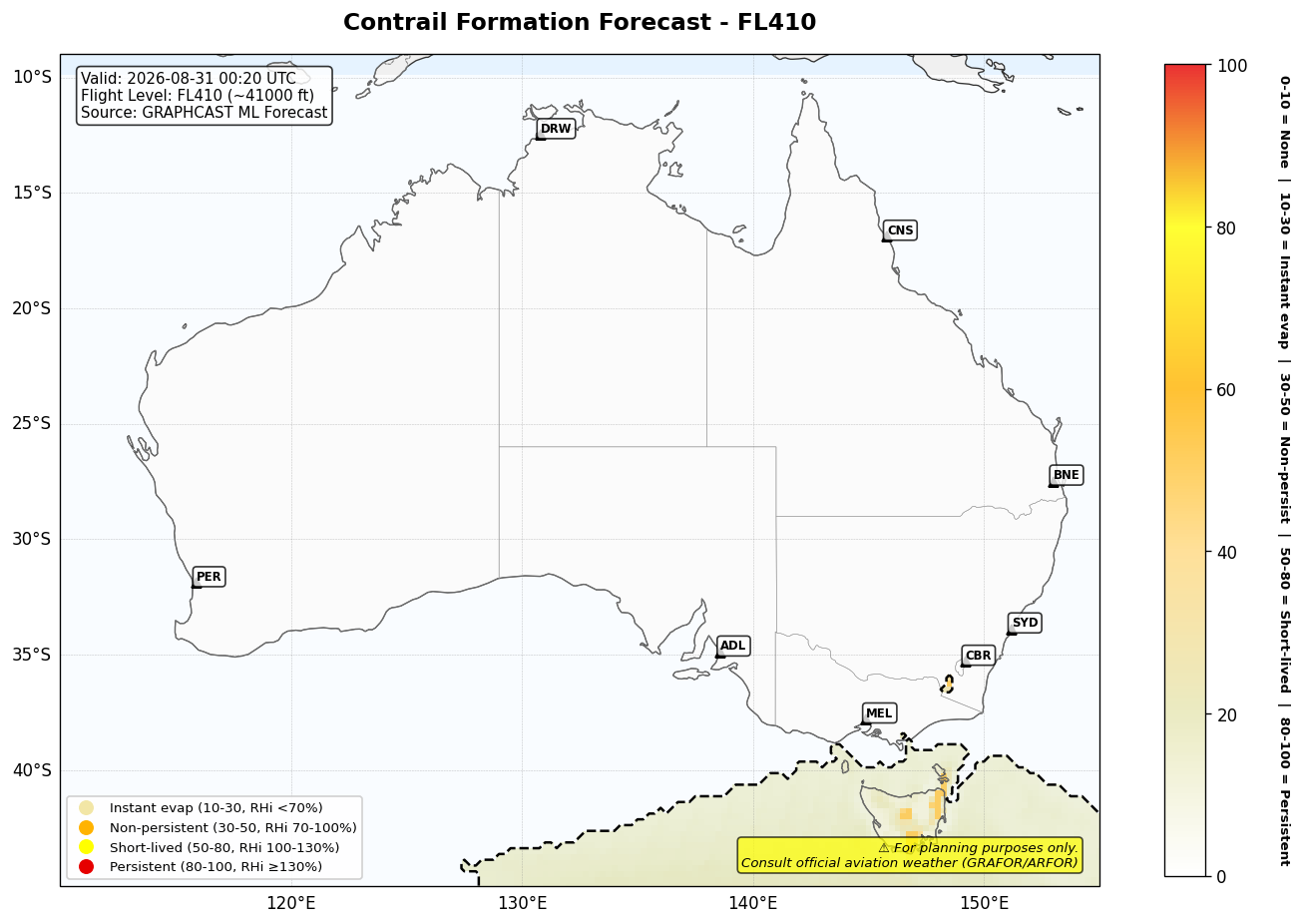Contrail forecast for FL410 at 2026-08-31 00:20 UTC