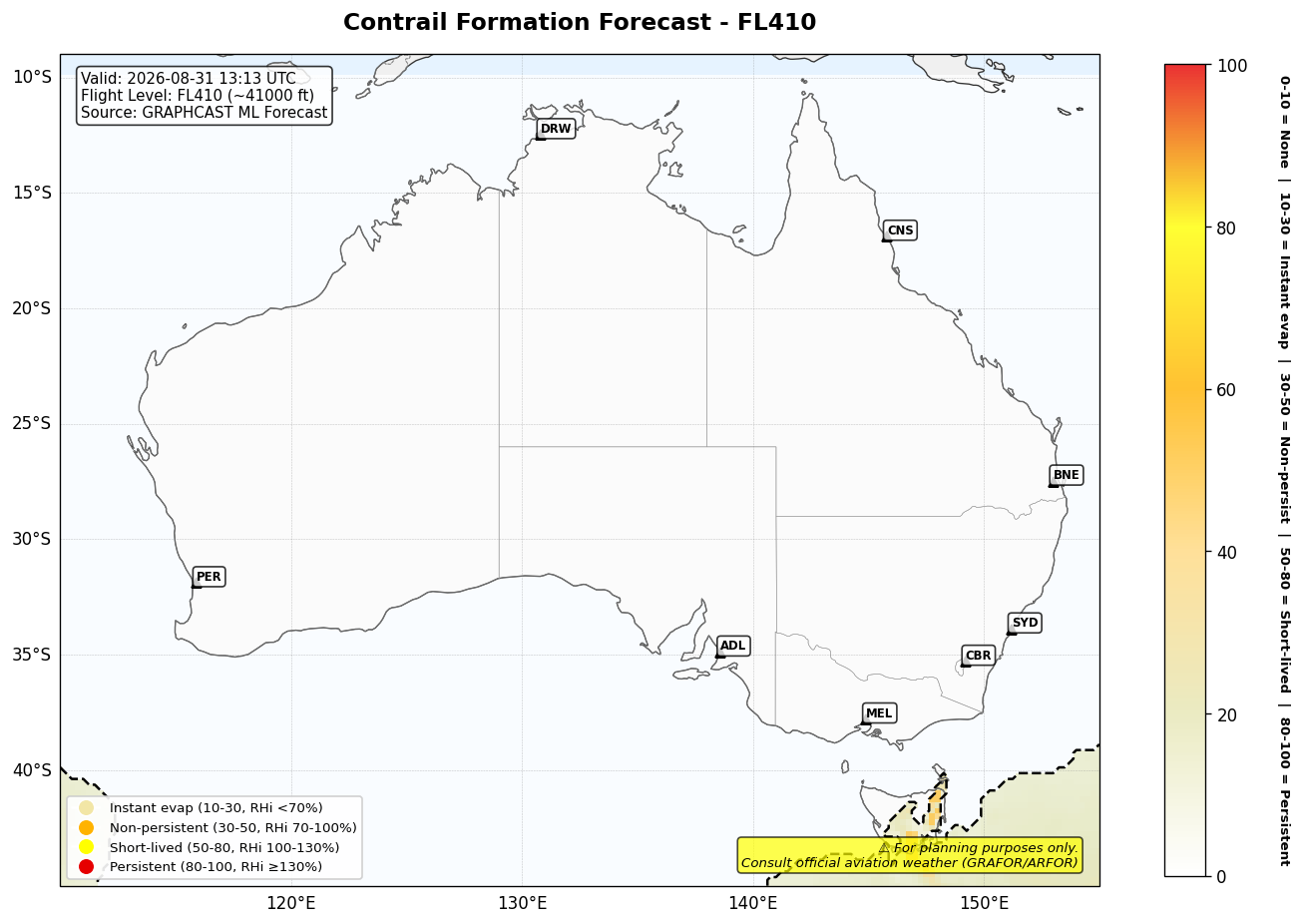 Contrail forecast for FL410 at 2026-08-31 13:13 UTC