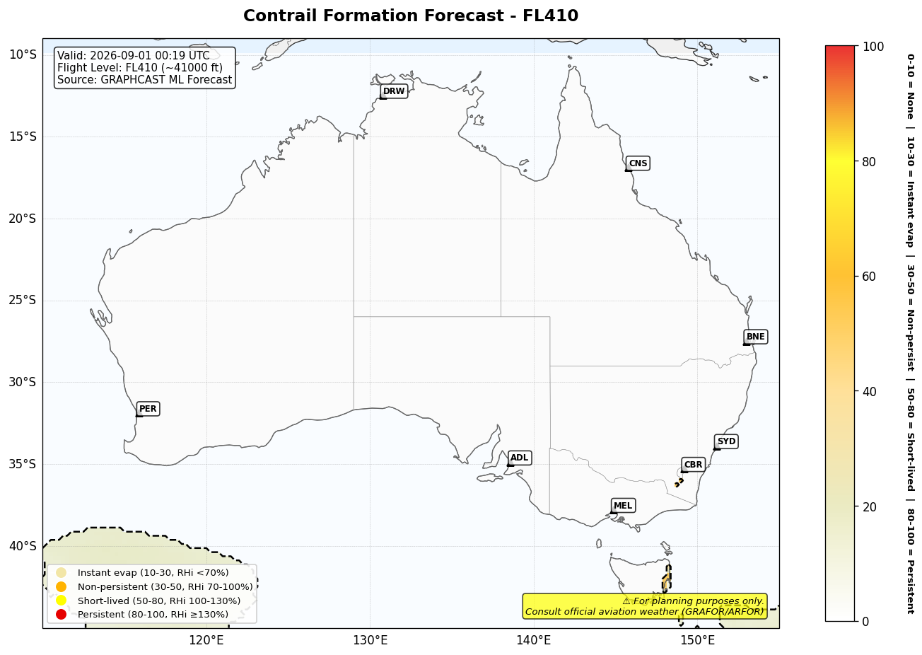 Contrail forecast for FL410 at 2026-09-01 00:19 UTC