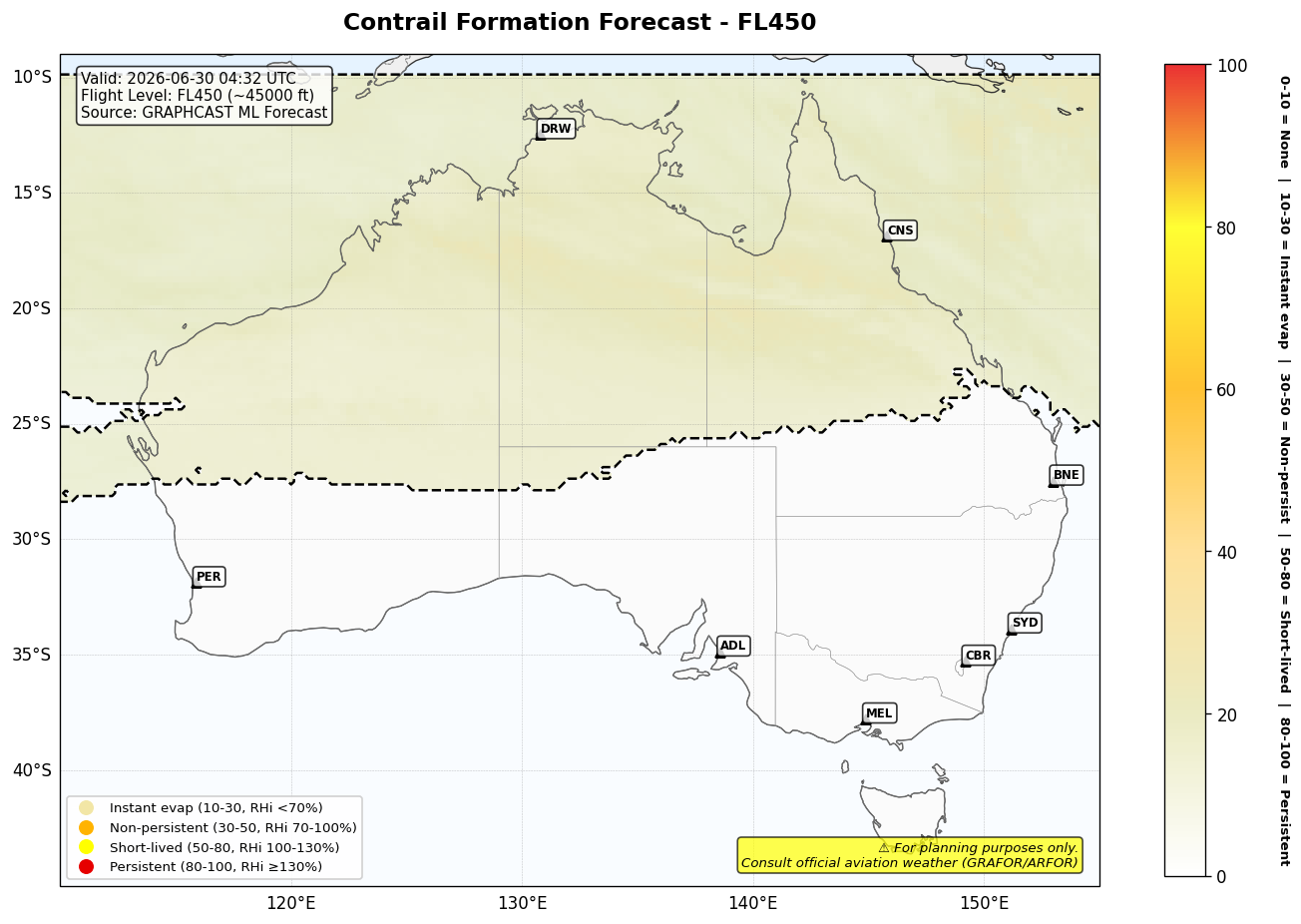 Contrail forecast for FL450 at 2026-06-30 04:32 UTC