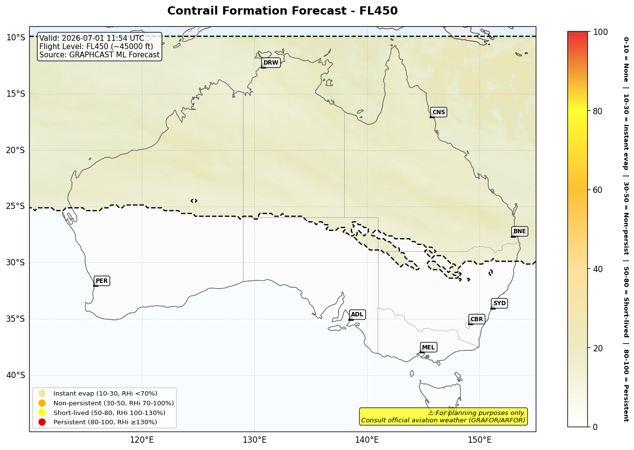 Contrail forecast for FL450 at 2026-07-01 11:54 UTC