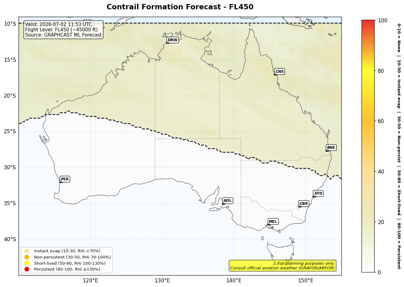 Contrail forecast for FL450 at 2026-07-02 11:53 UTC