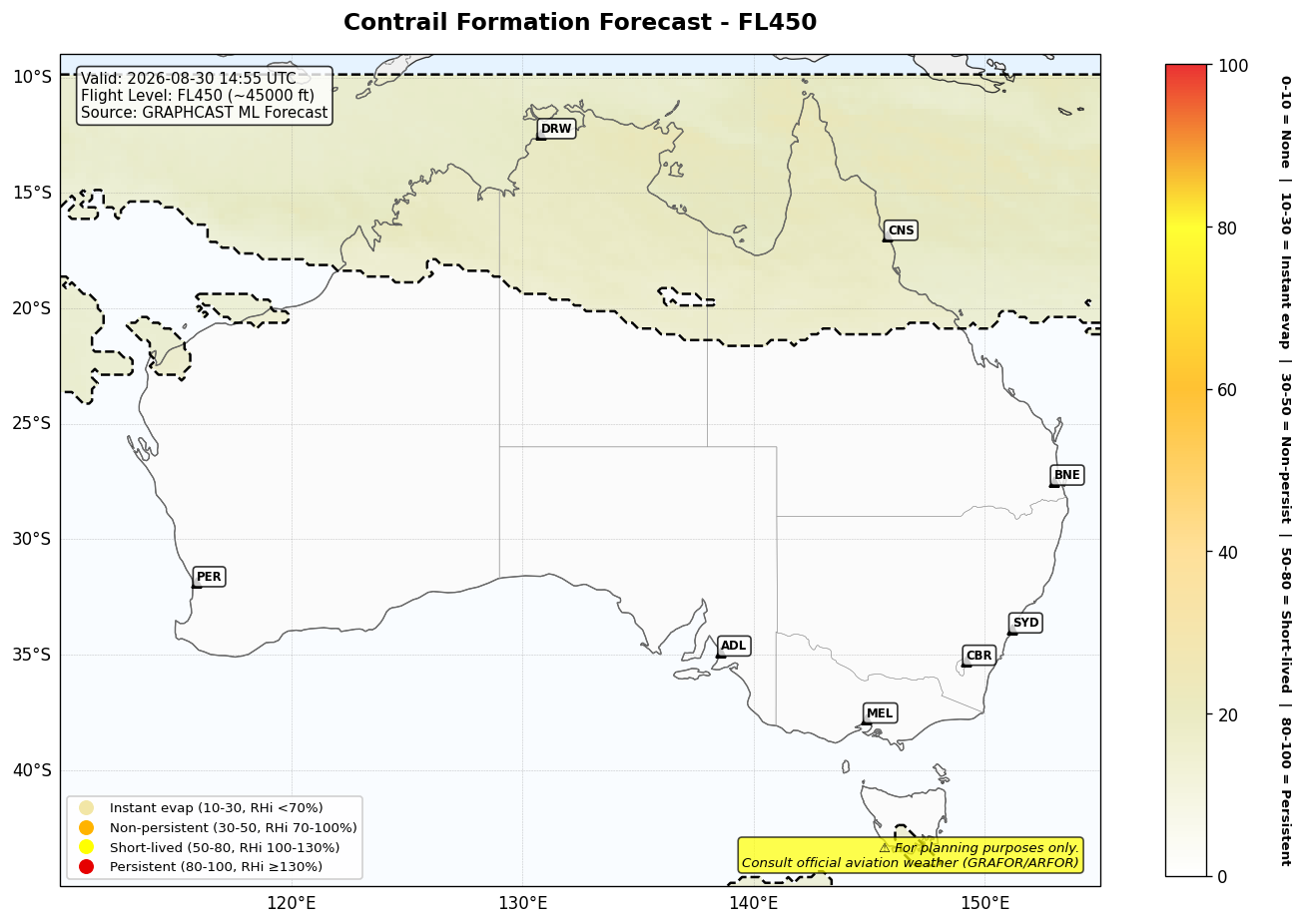 Contrail forecast for FL450 at 2026-08-30 14:55 UTC