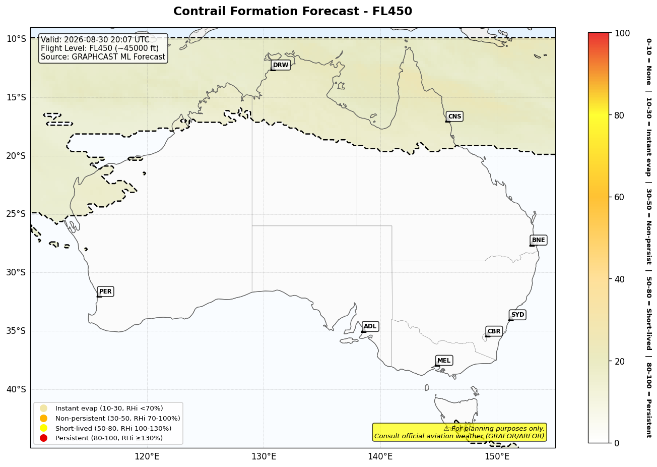 Contrail forecast for FL450 at 2026-08-30 20:07 UTC